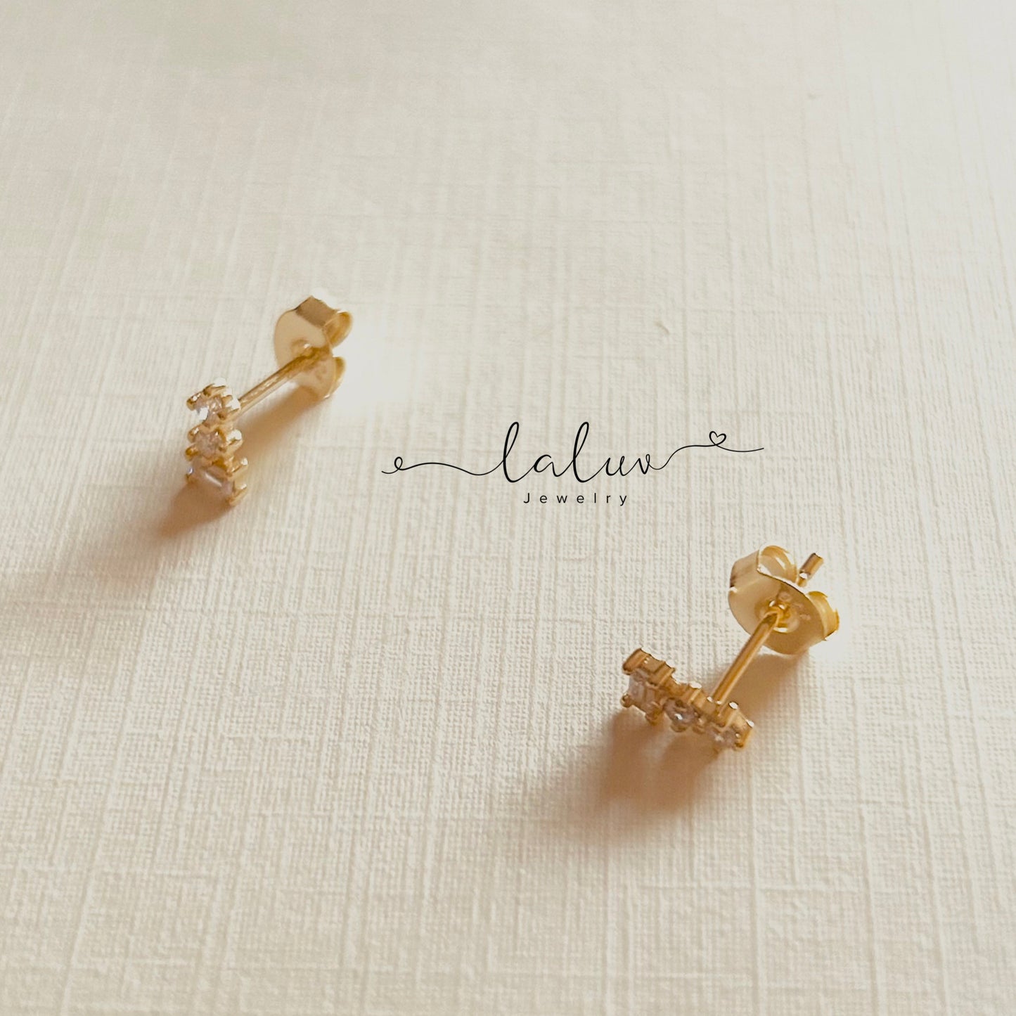 Gold 3 Stone Round/Baguette Cluster Earrings