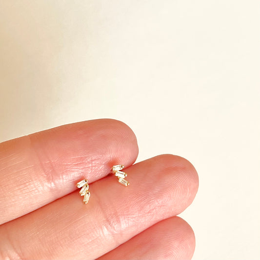 Gold Three Stacked Dainty Baguette Earrings