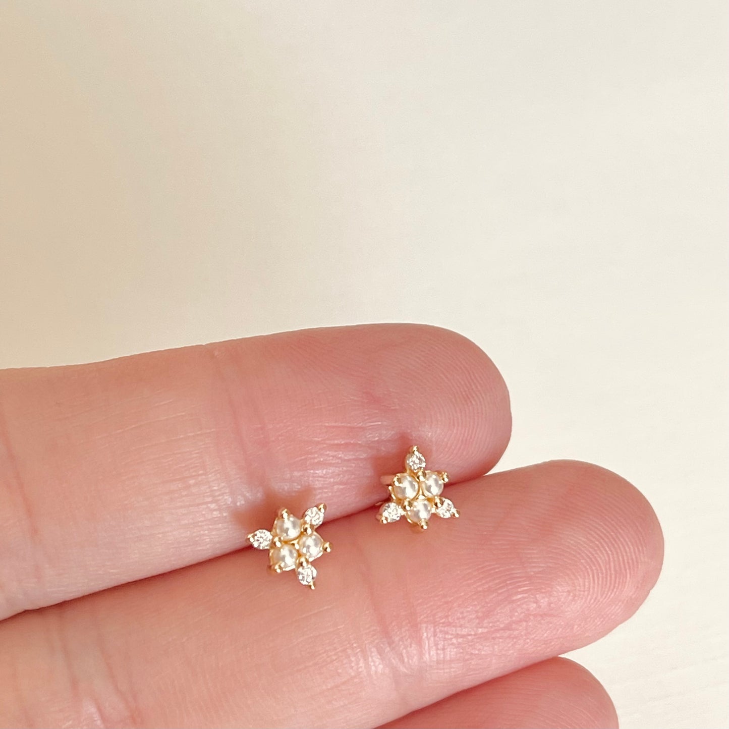 Gold Natural Pearl Cz Cluster Flower Earrings