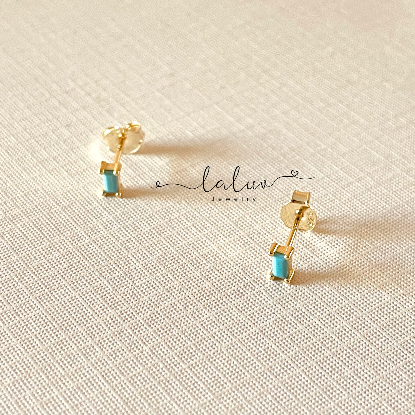 Gold Dainty Turquoise Baguette Earrings