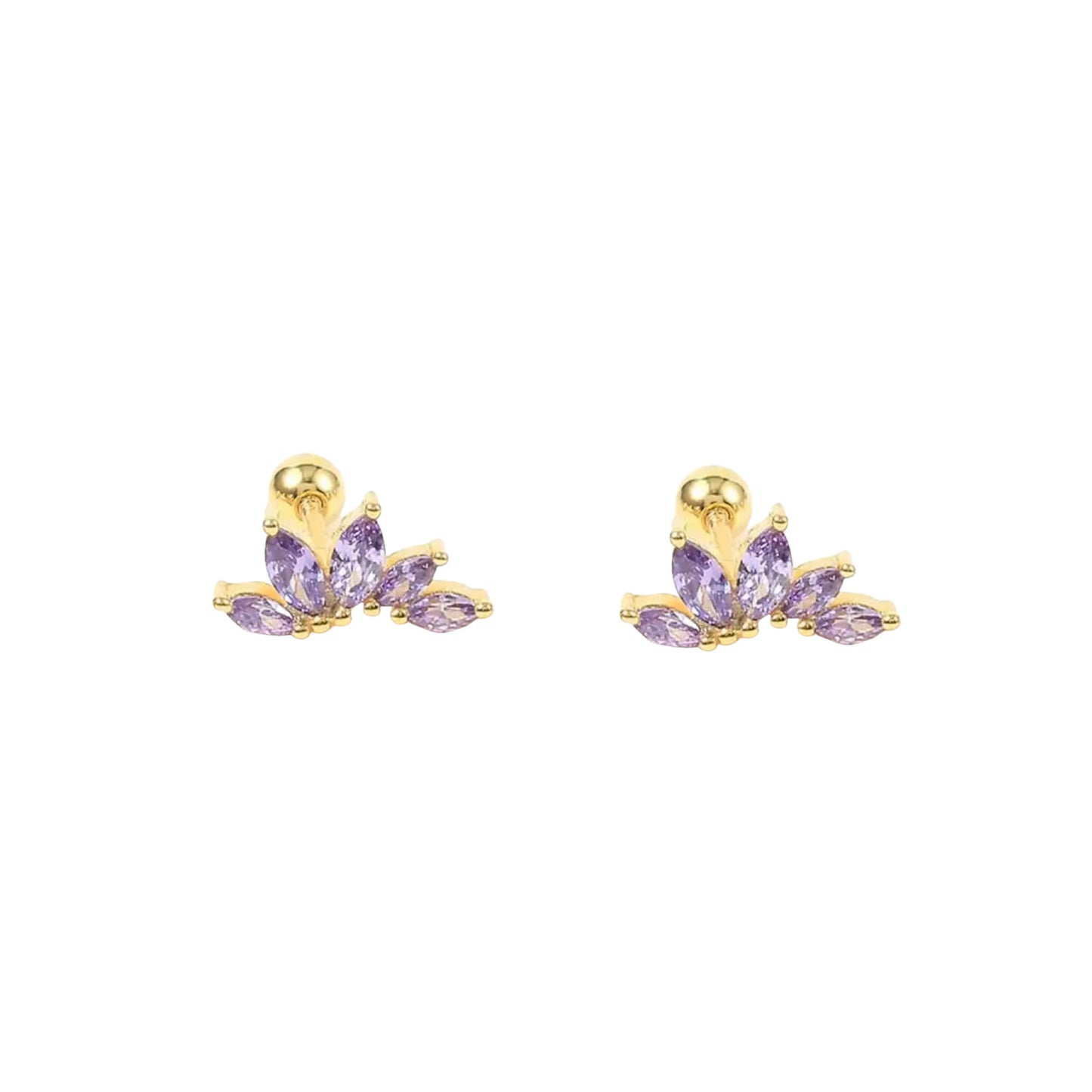 Gold Purple Marquise Flower Screw On Earrings
