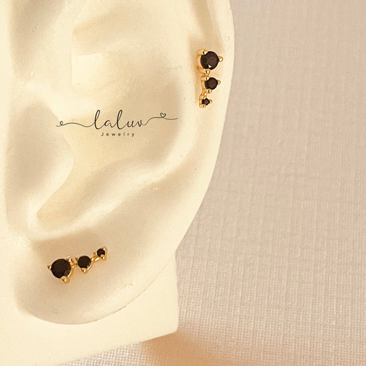 Gold 3 Stone Dainty Black Gradient Earrings