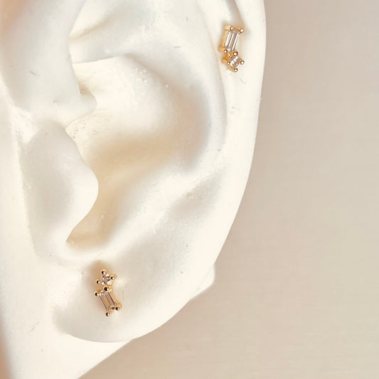 Gold 2 Stone Dainty Baguette Earrings